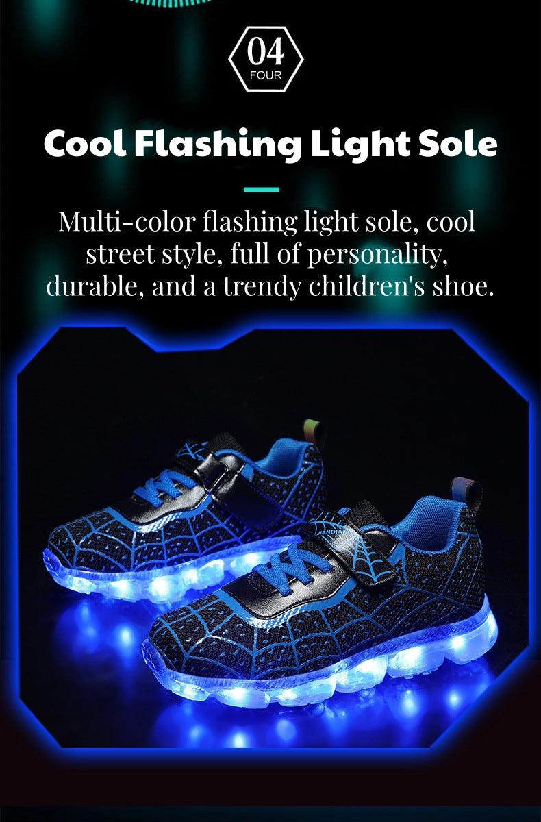 ‌Kids Light Up Shoes LED Sneakers with Spider Web Design | USB Rechargeable Flashing Shoes for Boys, Girls & Toddlers | Perfect Birthday/Thanksgiving/Christmas Gift