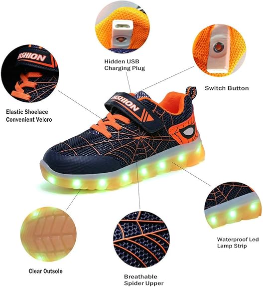 Kids Light Up Shoes Led Flash Sneakers with Spider Upper USB Charge for Boys Girls Toddles Best Gift for Birthday Thanksgiving Christmas Day