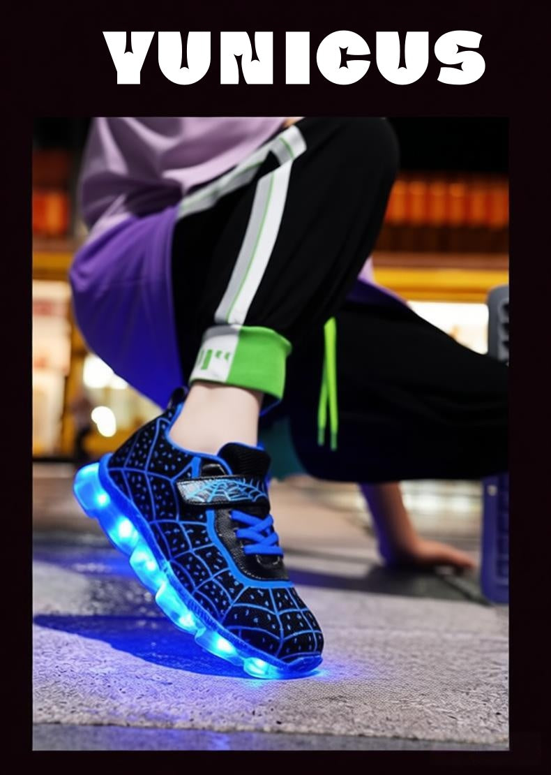 ‌Kids Light Up Shoes LED Sneakers with Spider Web Design | USB Rechargeable Flashing Shoes for Boys, Girls & Toddlers | Perfect Birthday/Thanksgiving/Christmas Gift