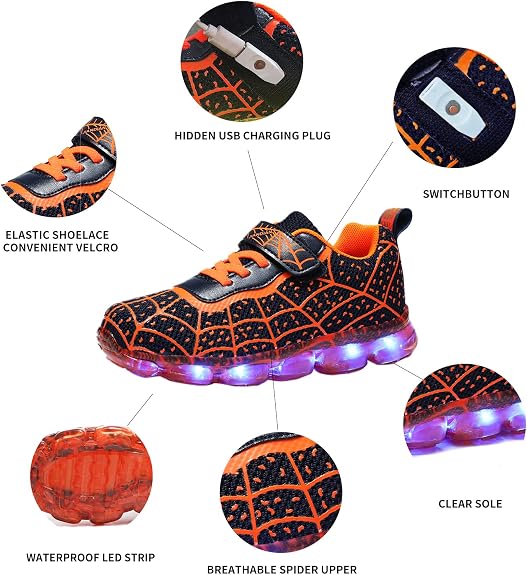 Kids Light Up Shoes Led Flash Sneakers with Spider Upper USB Charge for Boys Girls Toddles Best Gift for Birthday Thanksgiving Christmas Day