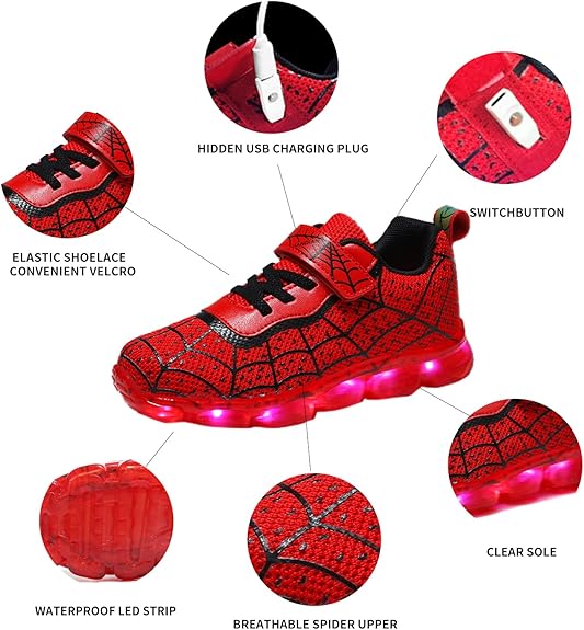 Kids Light Up Shoes Led Flash Sneakers with Spider Upper USB Charge for Boys Toddles Best Gift for Birthday Thanksgiving Christmas Day