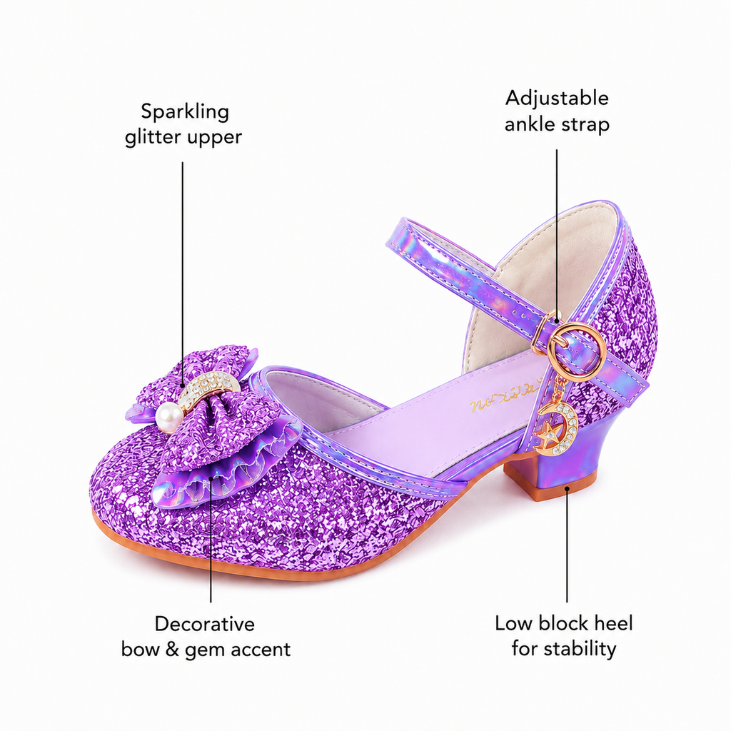 YUNICUS Girls’ Pink Glitter Mary Jane Shoes with Bow | Party Dress Heels