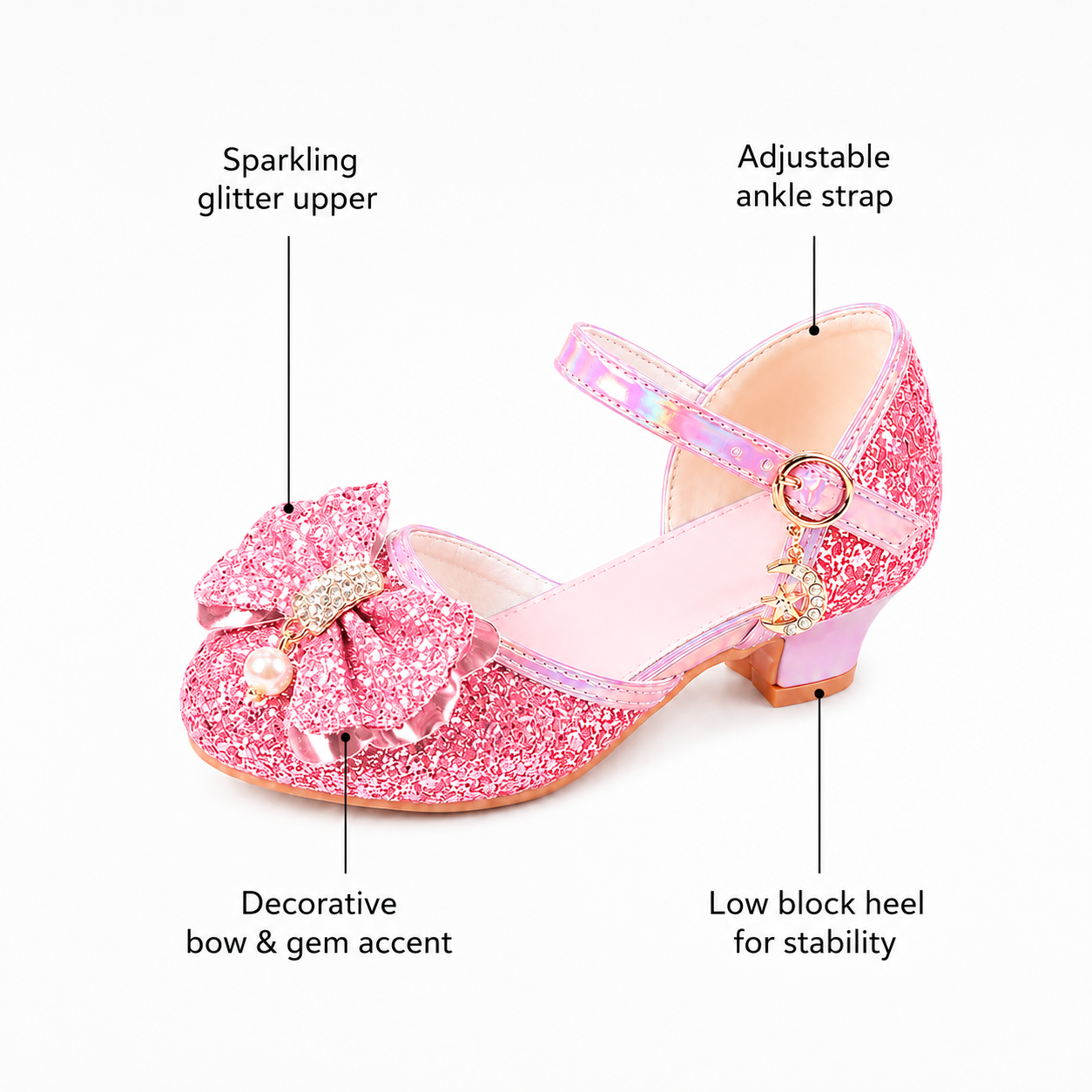 YUNICUS Girls’ Pink Glitter Mary Jane Shoes with Bow | Party Dress Heels