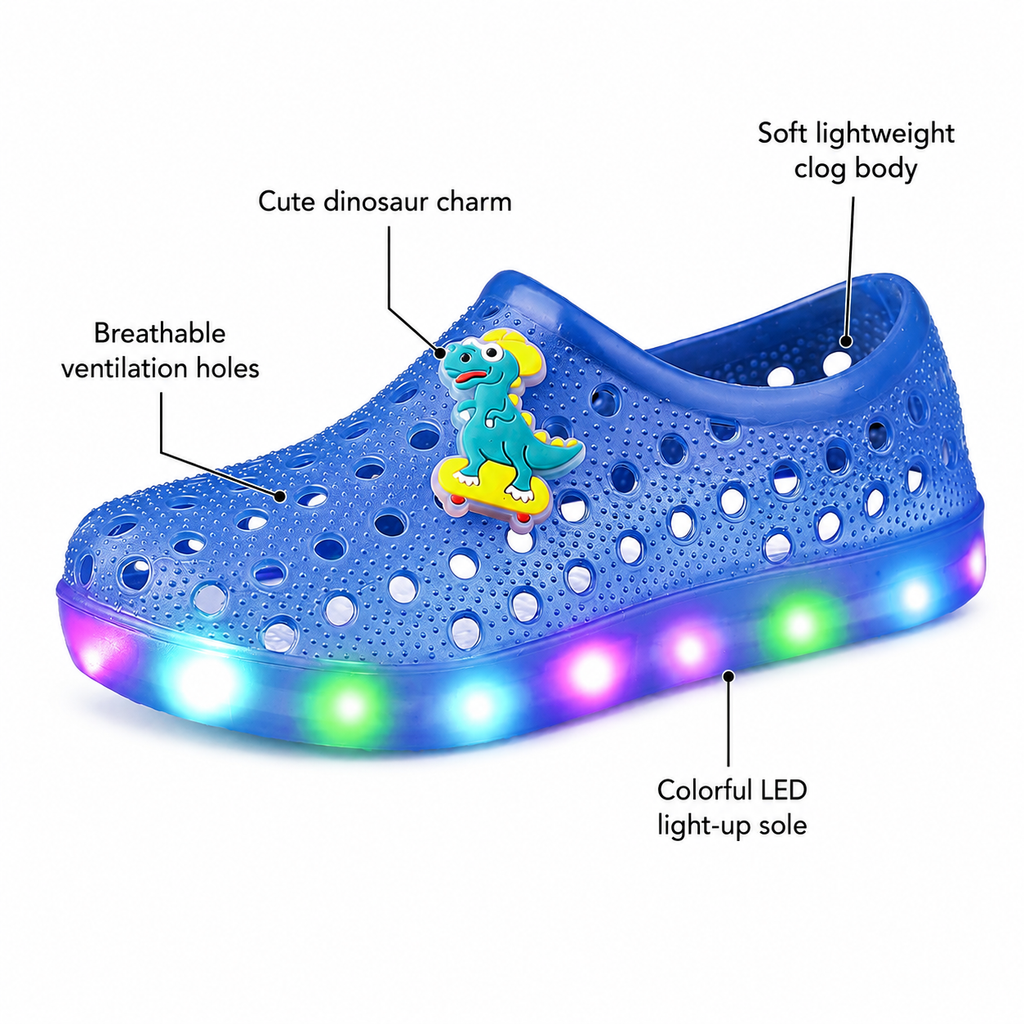 YUNICUS Toddler Girls’ Clear Light-Up Jelly Shoes with Dinosaur Charm and Breathable Holes