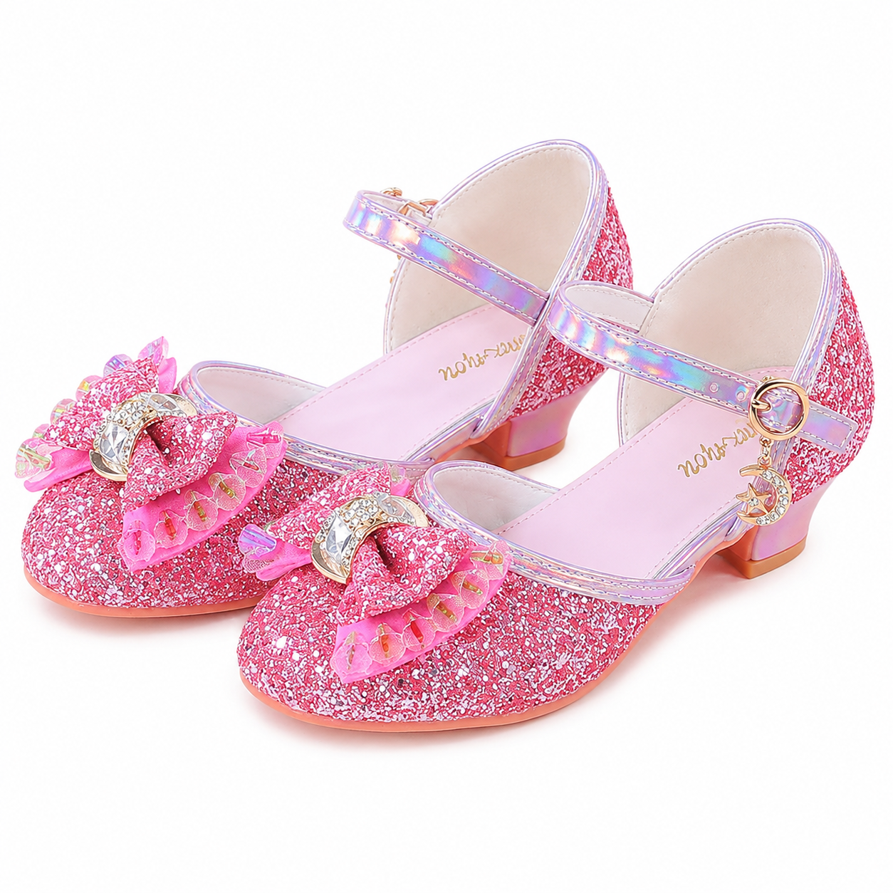 YUNICUS Girls’ Pink Glitter Mary Jane Shoes with Bow | Party Dress Heels