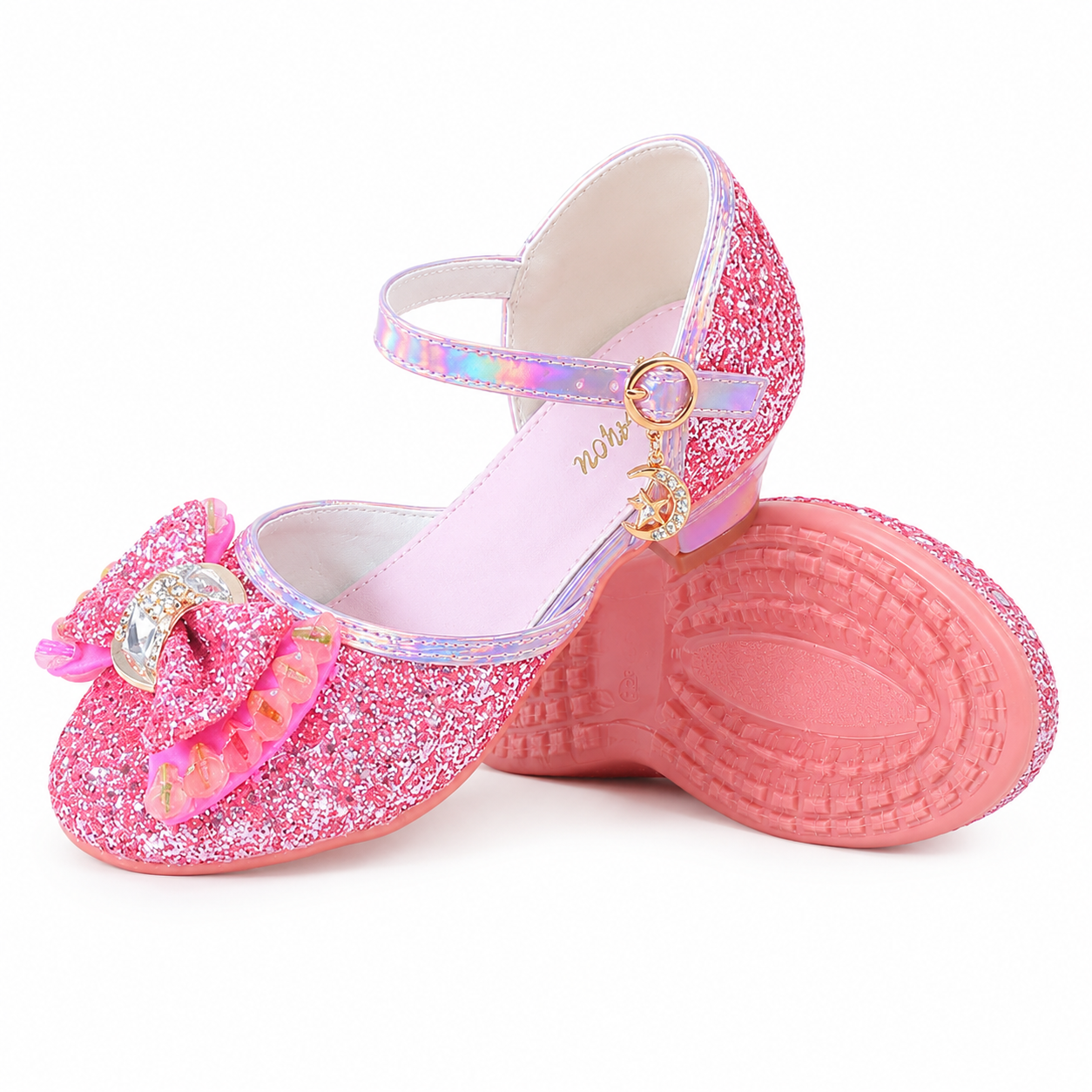 YUNICUS Girls’ Pink Glitter Mary Jane Shoes with Bow | Party Dress Heels