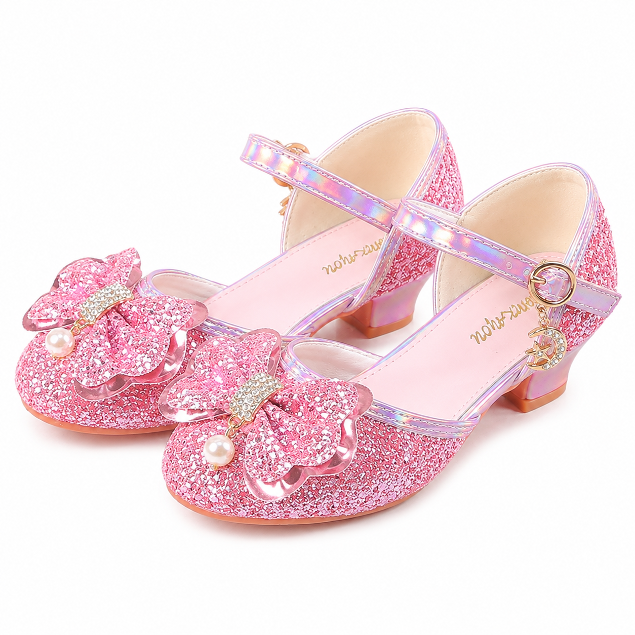 YUNICUS Girls’ Pink Glitter Mary Jane Shoes with Bow | Party Dress Heels