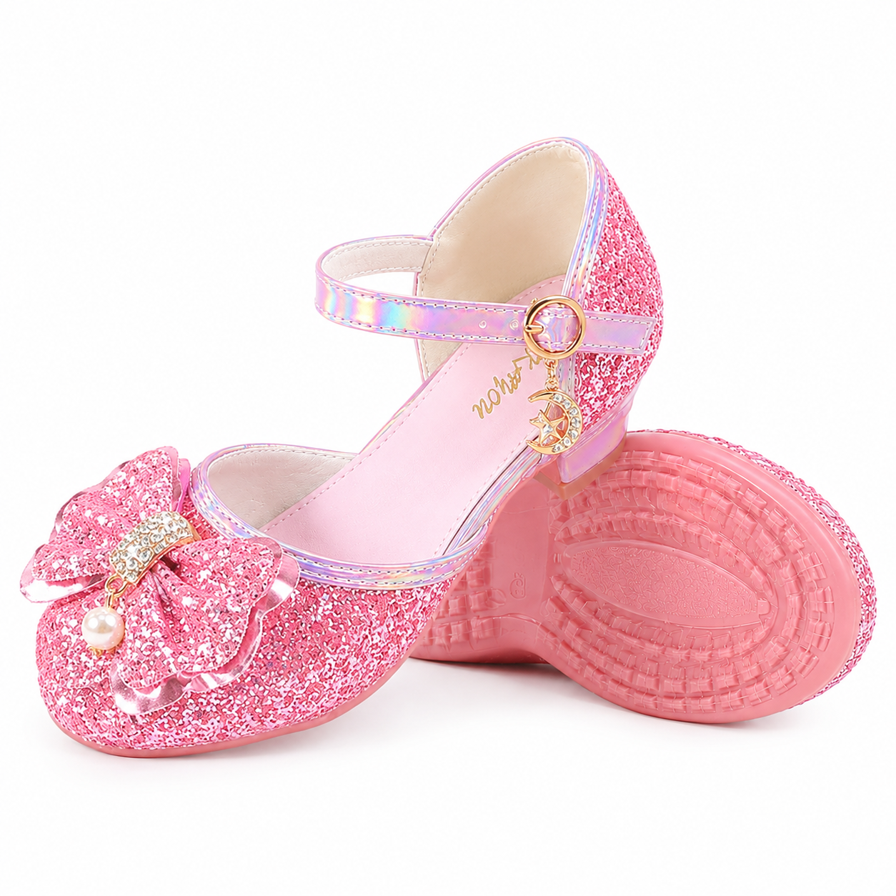 YUNICUS Girls’ Pink Glitter Mary Jane Shoes with Bow | Party Dress Heels