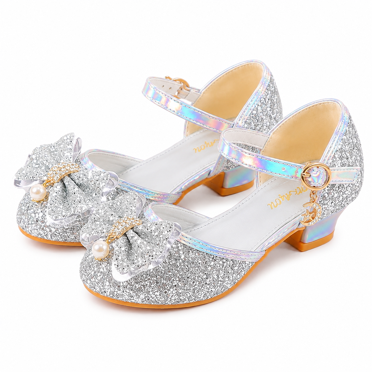 YUNICUS Girls’ Pink Glitter Mary Jane Shoes with Bow | Party Dress Heels