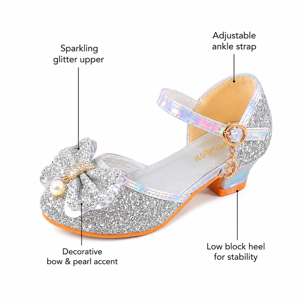 YUNICUS Girls’ Pink Glitter Mary Jane Shoes with Bow | Party Dress Heels