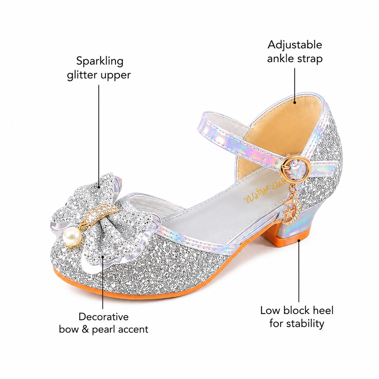 YUNICUS Girls’ Pink Glitter Mary Jane Shoes with Bow | Party Dress Heels
