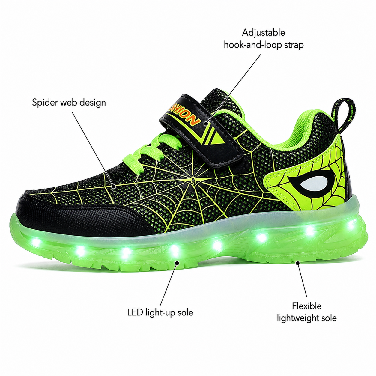 YUNICUS Kids LED Light Up Shoes – Spider Web USB Rechargeable Sneakers