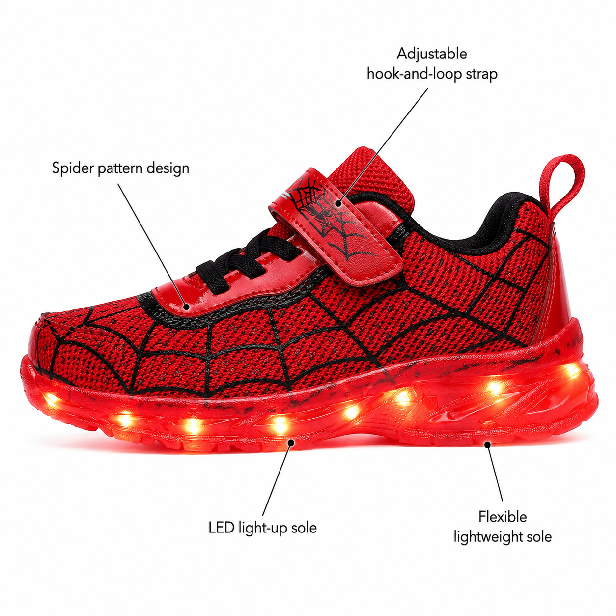 YUNICUS Kids LED Light Up Shoes – Spider Web USB Rechargeable Sneakers
