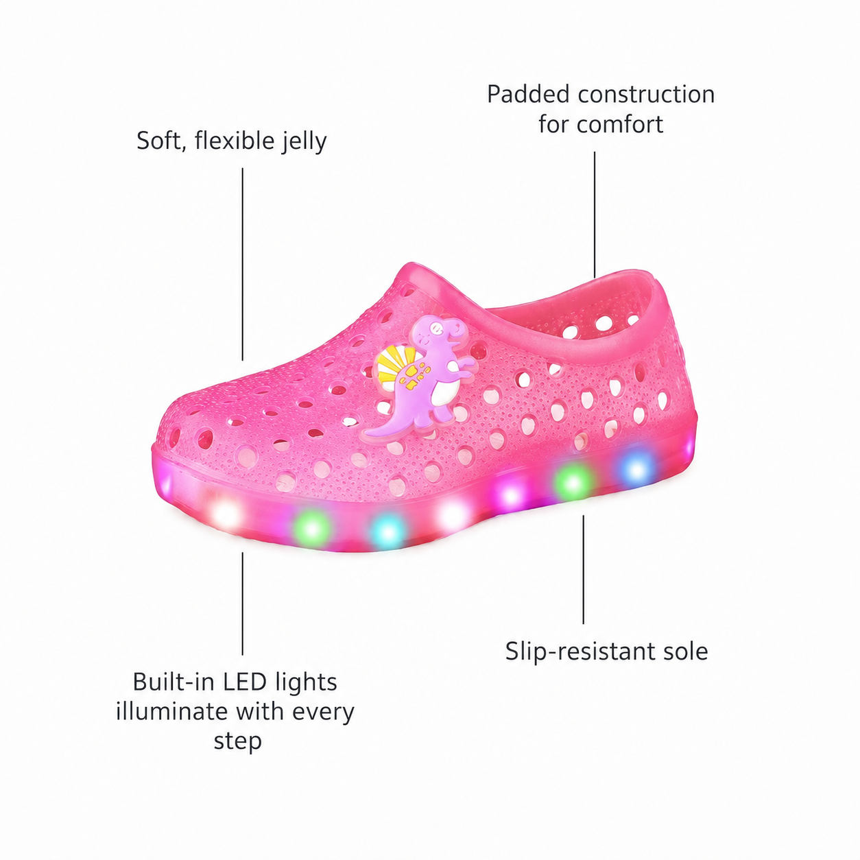 YUNICUS Toddler Girls’ Clear Light-Up Jelly Shoes with Dinosaur Charm and Breathable Holes