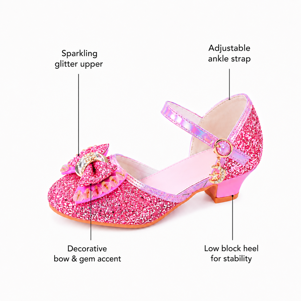 YUNICUS Girls’ Pink Glitter Mary Jane Shoes with Bow | Party Dress Heels