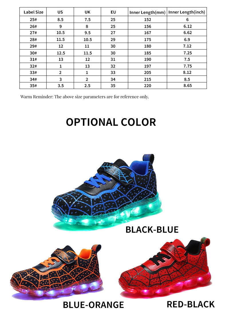 ‌Kids Light Up Shoes LED Sneakers with Spider Web Design | USB Rechargeable Flashing Shoes for Boys, Girls & Toddlers | Perfect Birthday/Thanksgiving/Christmas Gift